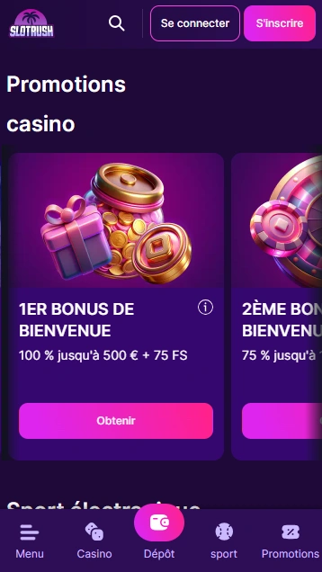 Top Offres sur SlotRush Casino {{ now().format('Y') }} Après Inscription